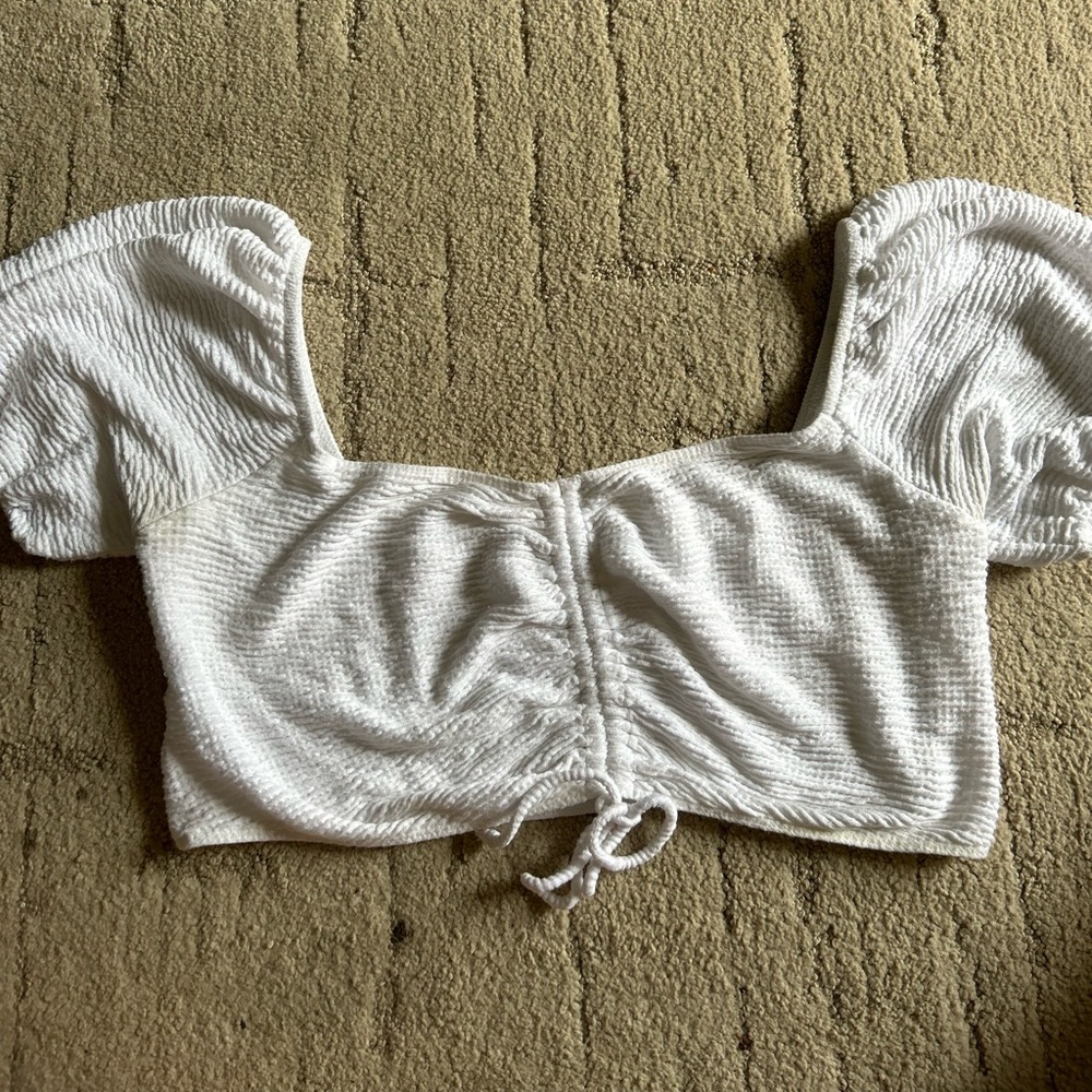 Hollister Social Tourist White ruched fitted crop top with adjustable tie